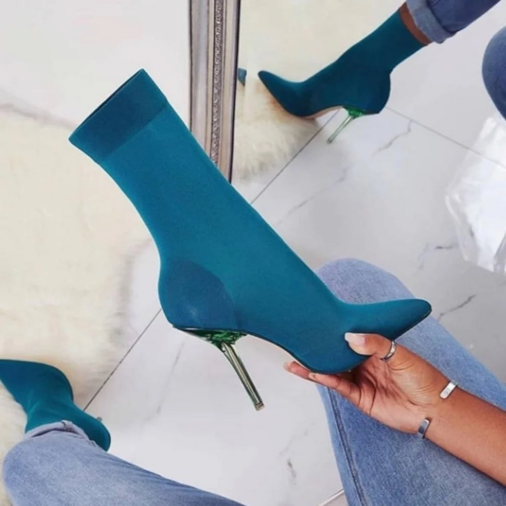 CLEAR HEEL POINTED TOE SOCK BOOTS